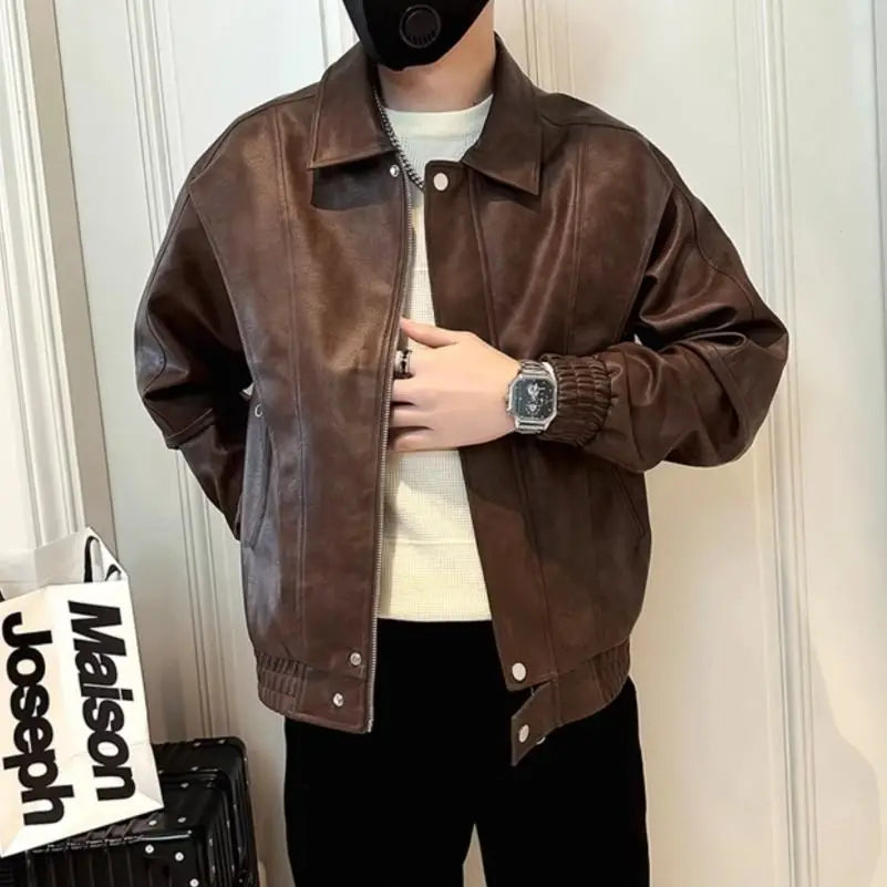 Hearujoy Leather Jacket for Men Trendy and Stylish with a Sense of Luxury Men's Leather Jacket New Style Lapel American Top