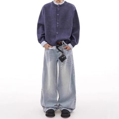 HEARUJOY  -  American Retro College Style Button up Cardigan Sweater Men Autumn Winter Lazy Trendy Loose Knitwear Fine Yarn Other Material