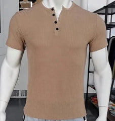 HEARUJOY  -  Men's Threaded T-shirt Summer Running Sports Fitness Clothes Muscle Slim Fit Short Sleeve T-shirt V-neck Collar Casual Tops
