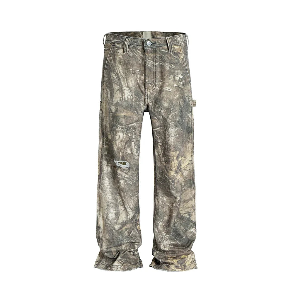 Hearujoy Streetwear Trees Print Camouflage Baggy Jeans for Men and Women Patchwork Washed Casual Denim Trouses Oversized Loose Cargos