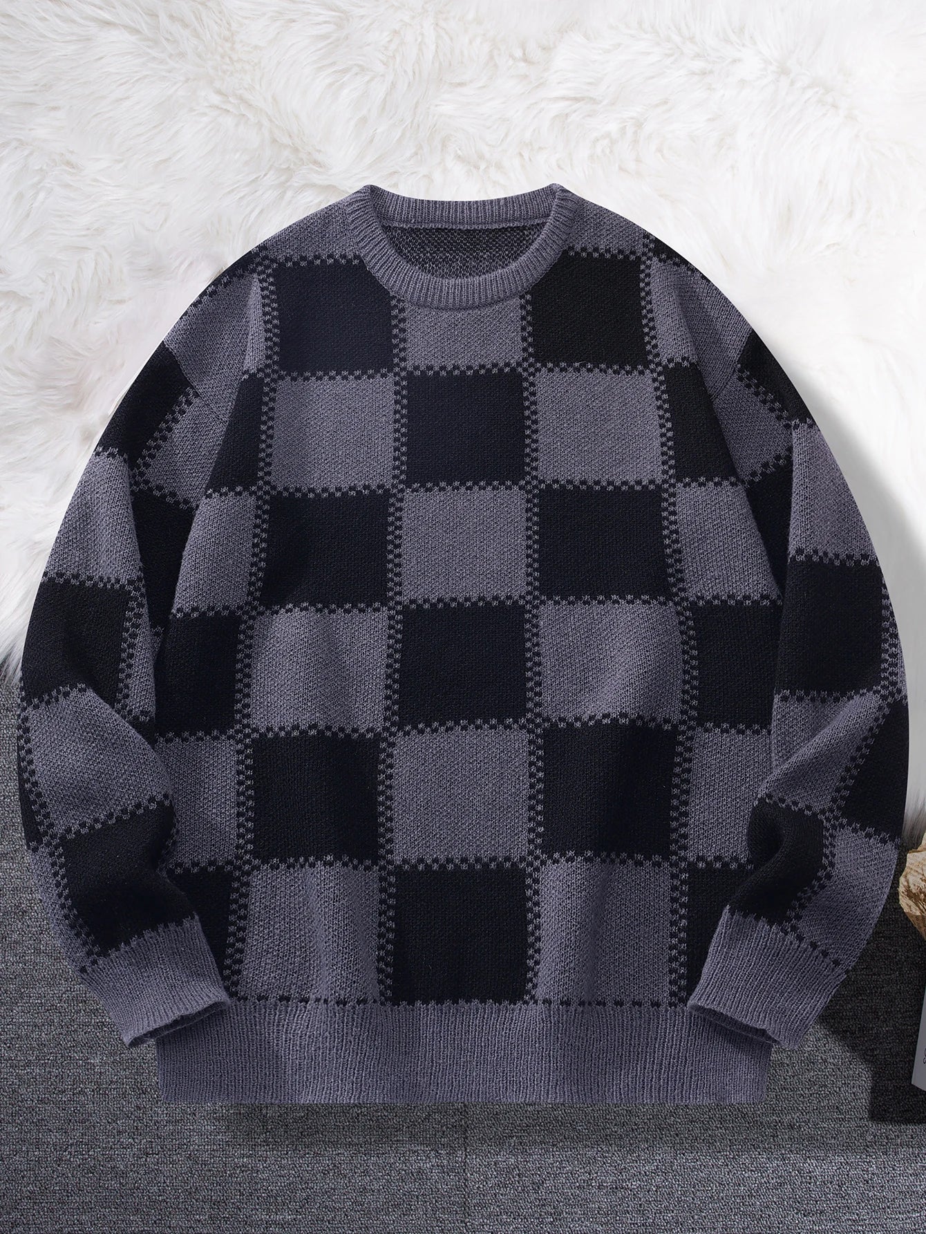 HEARUJOY  -  New Popular Autumn Winter Plaid Jacquard Pattern Pullover Sweater Casual Round Neck Contrast Color Knitted Men's Pullover