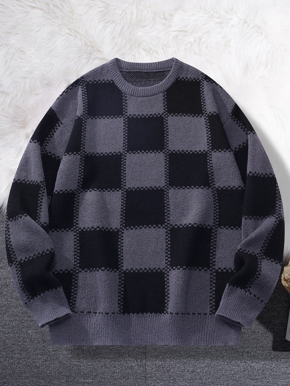 HEARUJOY  -  New Popular Autumn Winter Plaid Jacquard Pattern Pullover Sweater Casual Round Neck Contrast Color Knitted Men's Pullover