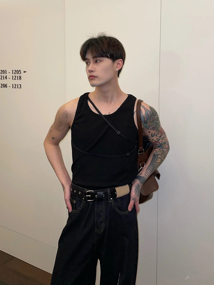 Hearujoy Korean Gothic fashion Summer Elastic Slim Fit T-shirt Men's Sling Irregular Solid Color Vest Casual Round Neck black white