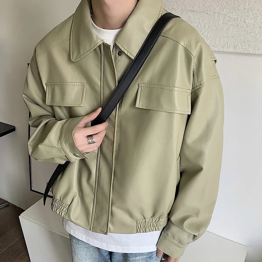HEARUJOY  -  Men's Casual Texture PU Leather Jacket High Street Zippers Turn-down Collar Long Sleeve Retro Coat with Pocket Spring Autumn