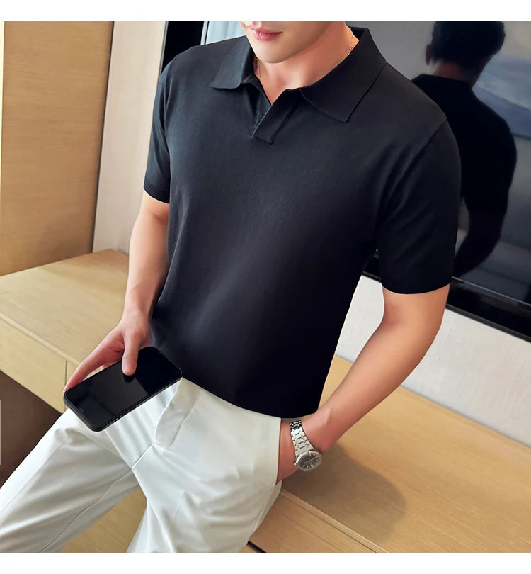 HEARUJOY  -  Men's Cooling Tencel Polo Shirt - Summer Ice Silk Knit Top with Fold Collar, Breathable Short Sleeve & Stylish Contoured Design
