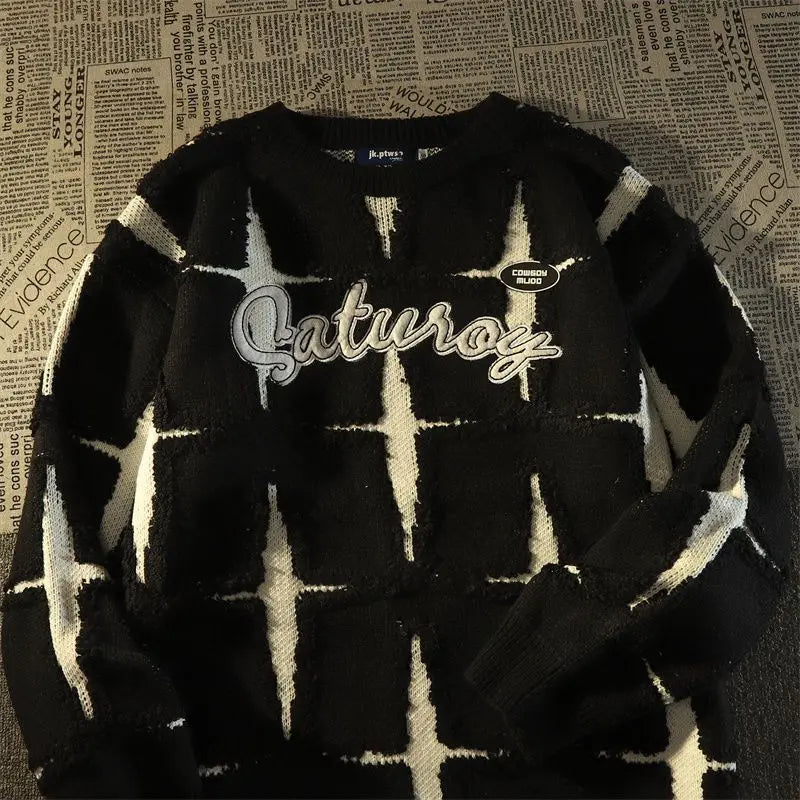 HEARUJOY  -  American Retro High Street Star Sweater Men's Spring Autumn Loose Lazy Style Oversize Japanese Knitted Jacket