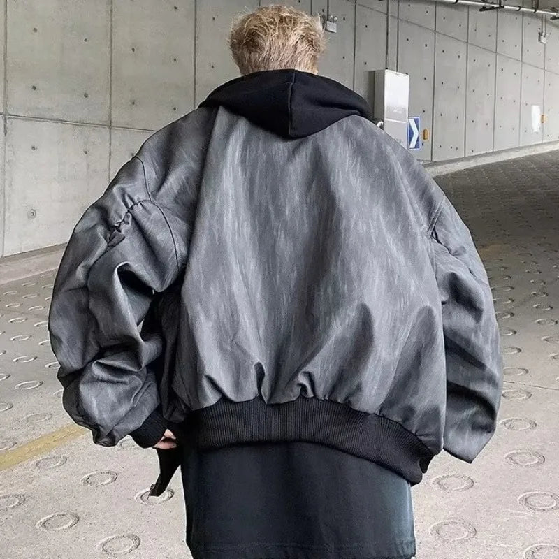 HEARUJOY  -  Mens Hooded PU Leather Jacket Fashion Gradient Color Retro Coat Zipper Men's Motorcycle Zipper Outwear Spring High Street Coat