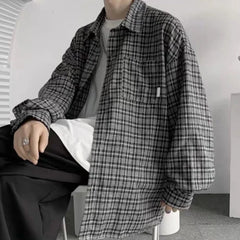 HEARUJOY  -  2XL Mens Plaid Shirt Lapel Shirt All Seasons Buttoned Closure Long Sleeves Slight Stretch Shirt For Daily Wear