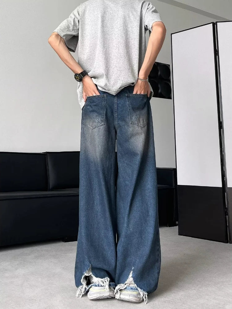 Hearujoy Hip Hop Ripped Baggy Jeans Men High Street Male Distressed Denim Wide Leg Pants Casual Trousers Vintage Streetwear Loose