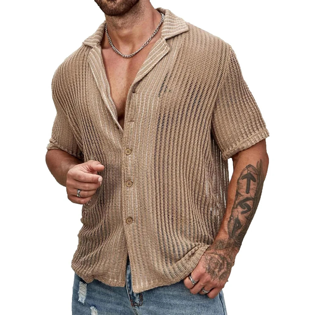 HEARUJOY  -  Top Men\'s Shirt Men's Shirt Fashion Streetwear Tops Hollow Out Knitted Men Sexy Beach Shirts Breathable Hot New