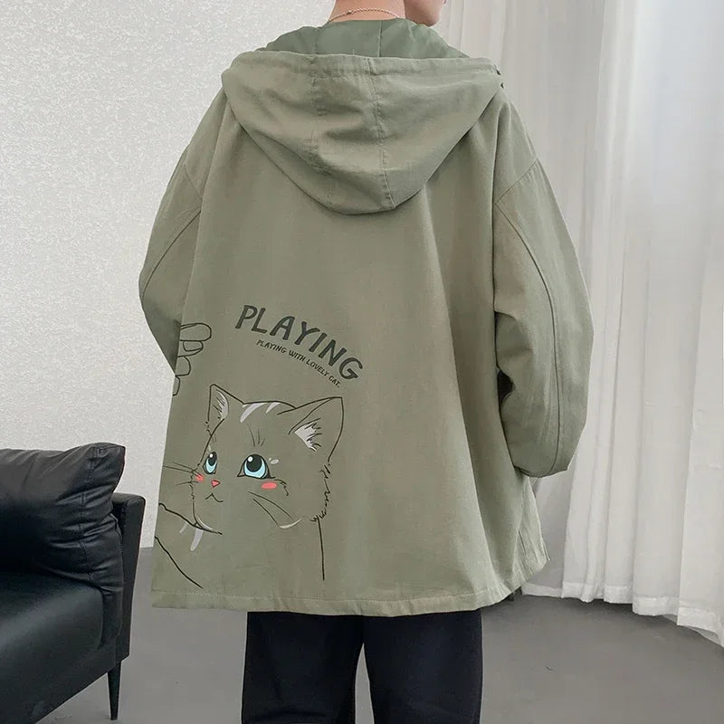 HEARUJOY  -  Men's Oversized Jackets Cotton With Hat Man Cat Print Coat Casual Wear Autumn 5XL Safari Style Jacket For Men Fashion Outerwear