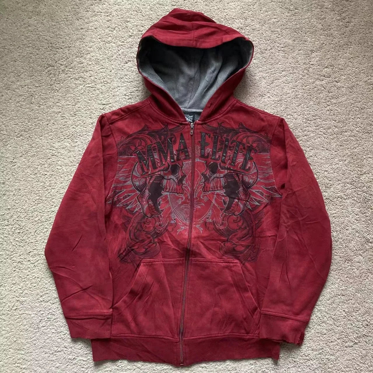 Hearujoy Y2K New Red Zipper Hoodie Retro Gothic Printed Pattern Hoodie High Street Hip-Hop Trend Sweatshirt Men's Women's Loose Hoodies