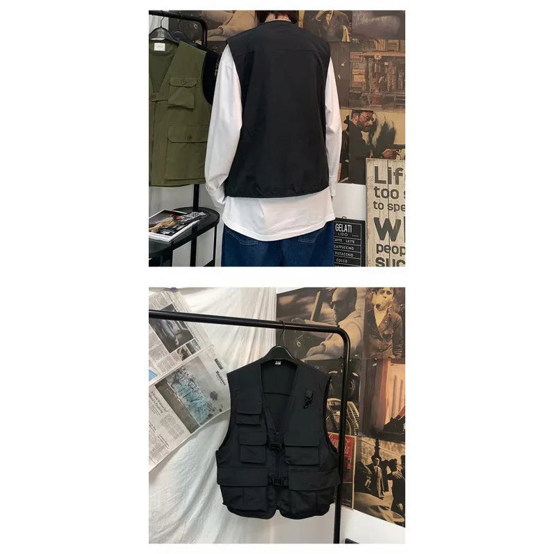 HEARUJOY  -  Pure Color V Neck Multi Pocket Utility Vest Men Trendy High Street Sporty Unisex Loose Sleeveless Jacket Functional Casual