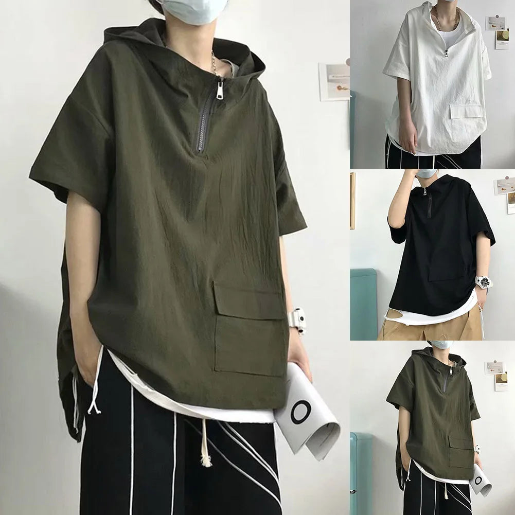 HEARUJOY  -  Pullover Men Tops Hoodie Loose Pocket Polyester Casual Harajuku Hip Hop Hooded Short Sleeve Solid Color Sweatshirt
