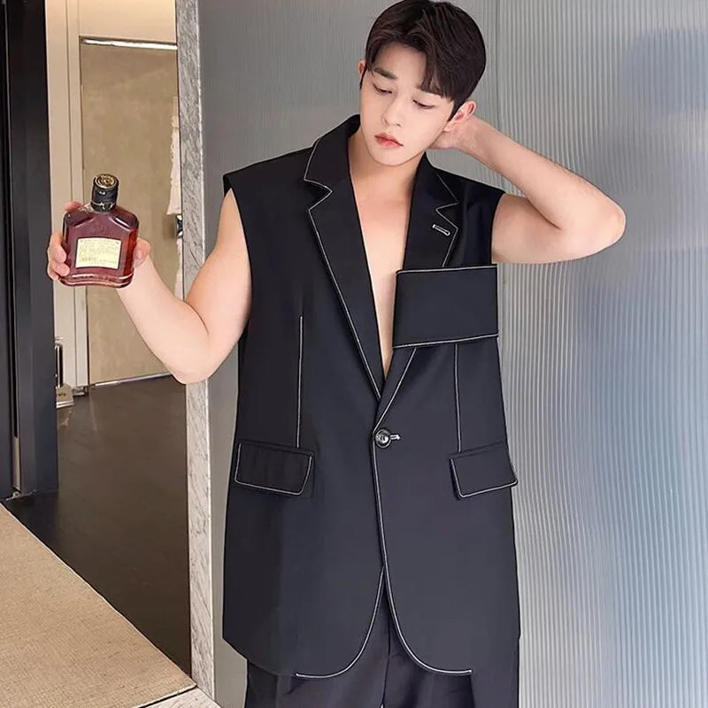 Hearujoy Personality Korean Fashion Design Long Suit Vest Mens Casual Long Suit Waistcoat Chic Style Sleeveless Jacket Gilet Homme