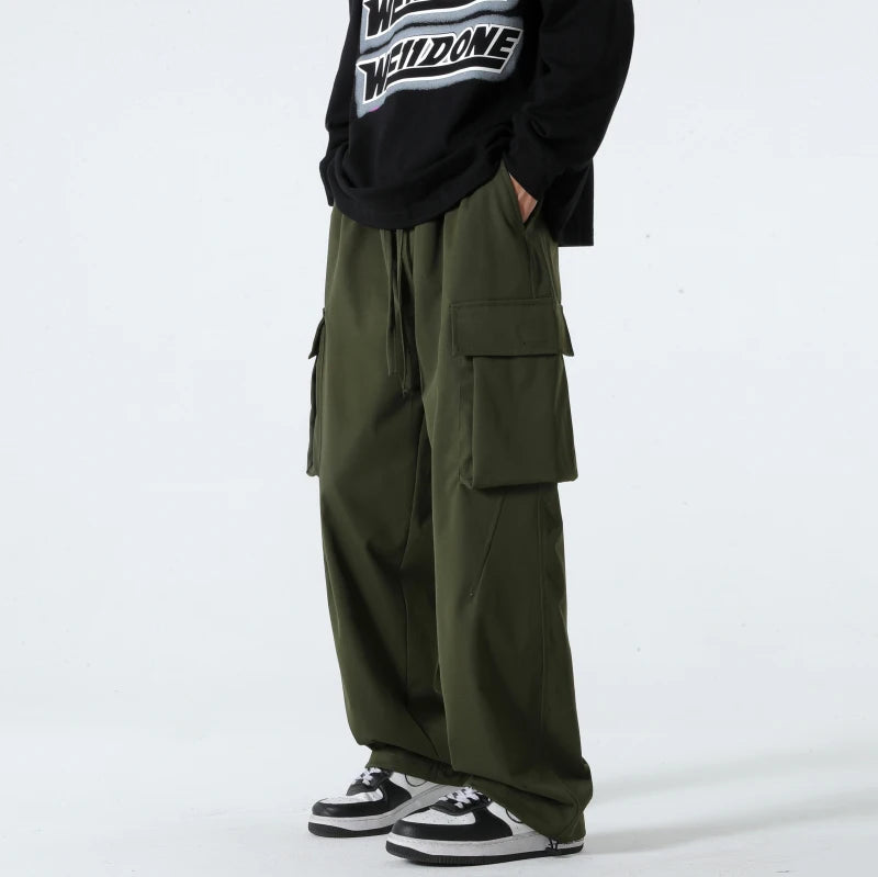 HEARUJOY  -  Men Elastic Waist Solid Color Cargo Pants Multi Pocket Loose Baggy Pants for Women Streetwear Harem Casual Pants하렘 바지