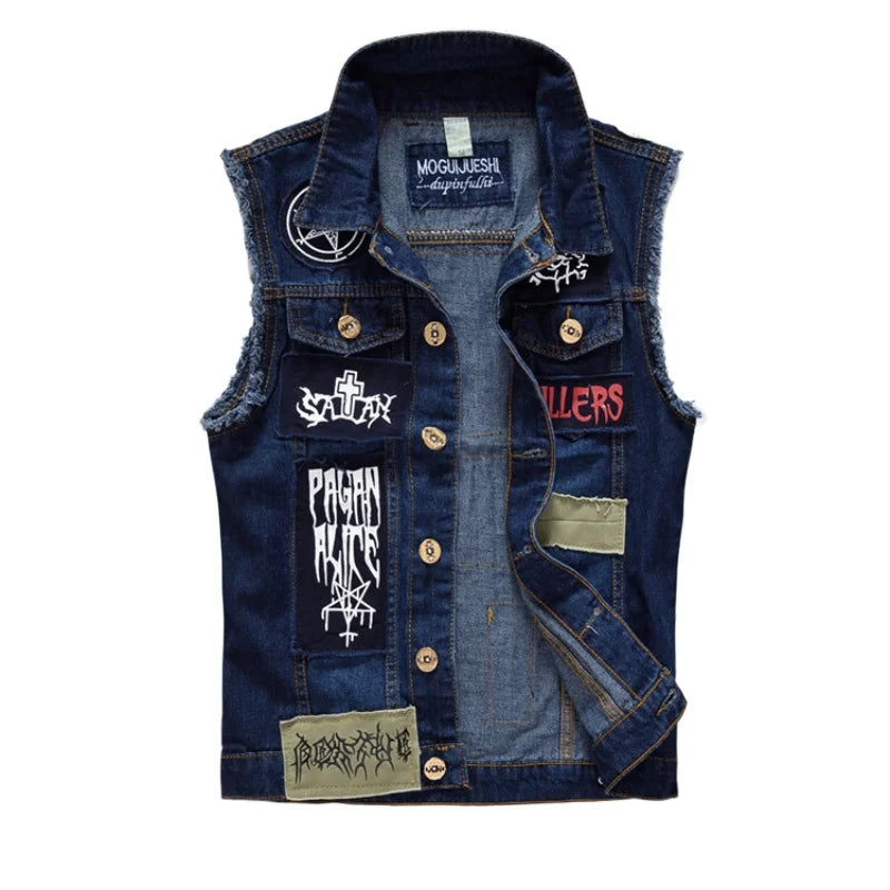 HEARUJOY  -  Men's Spring and Fall Slim Fit Patch Denim Vest Plus Size Motorcycle Patchwork Patch Personalized Vest Coat