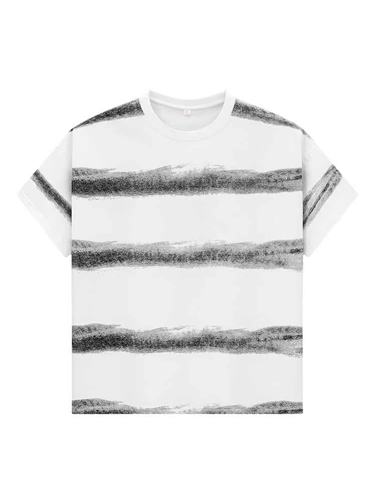 HEARUJOY  -  250G Cotton Summer T-shirts Men Korean Fashion Irregular Stripes Basic Tees Y2K Tops Short Sleeve Oversized T Shirts