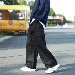 Hearujoy Vintage Cargo Pants Men Fashion Streetwear Pockets Wide Leg Straight Y2k Casual Trousers Baggy Drawstring Overalls Black/Gray
