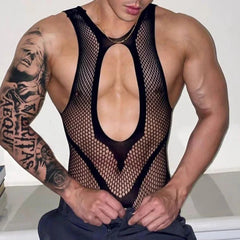 Hearujoy Mens Ultra-thin Black Lingerie Men's Sexy Transparent Mesh Lace Jumpsuit Set See Through Vest Stockings Tights Onesie