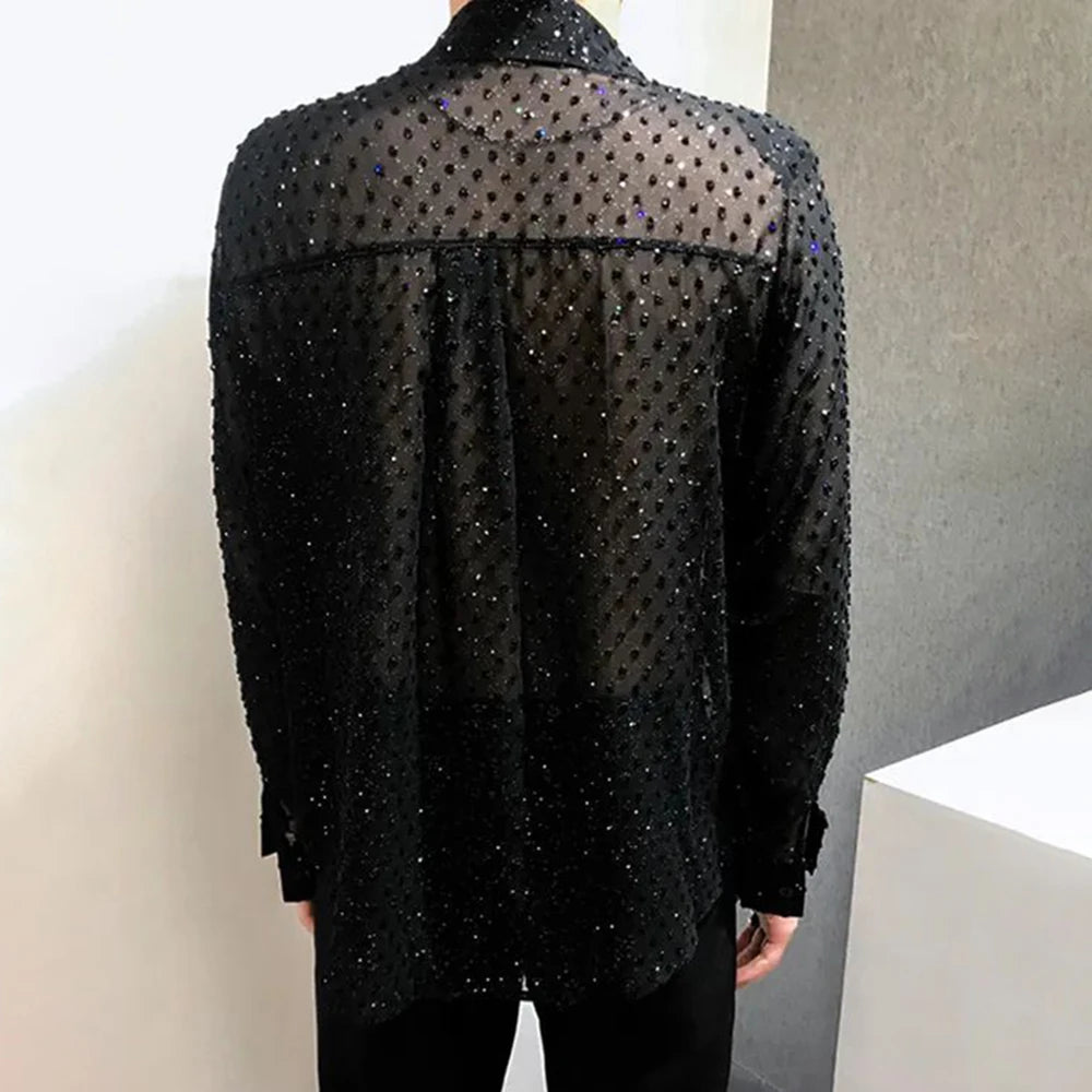 Hearujoy Mens Sexy Mesh See-Through Long-Sleeved Shirt Autumn Genderless Fashion Youth Nightclub Shiny Breathable Performance Top Unisex