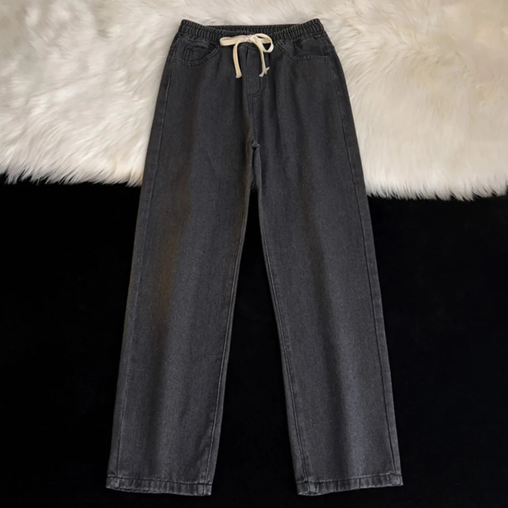HEARUJOY  -  Men Vintage Korean Casual Pants High Street Hip Hop Straight Wide Leg Jeans Male Drawstring Streetwear