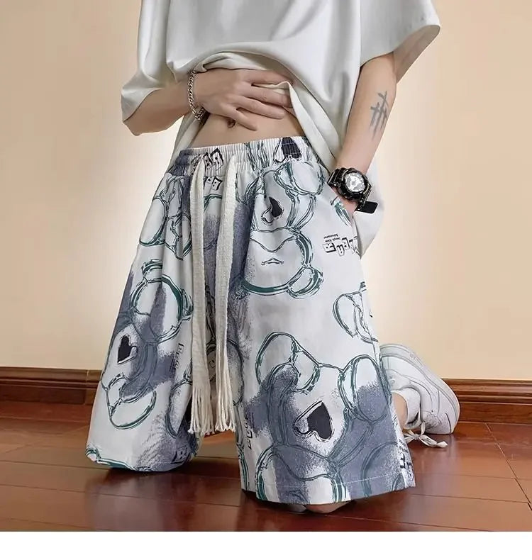 HEARUJOY  -  Men's New Spliced print Five-point Loose Drawstring Design Bear Print Shorts