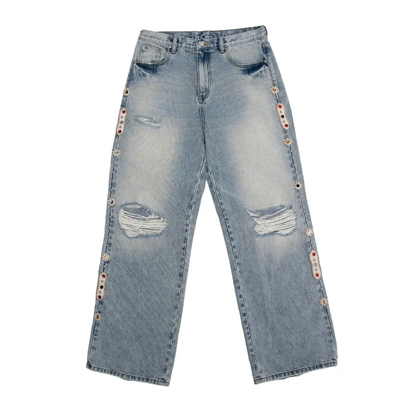 Hearujoy Baggy Embellished Jeans Y2K High Quality 20 OZ Trendy Men Women Streetwear Harajuku Retro High Street Straight Distressed Jeans