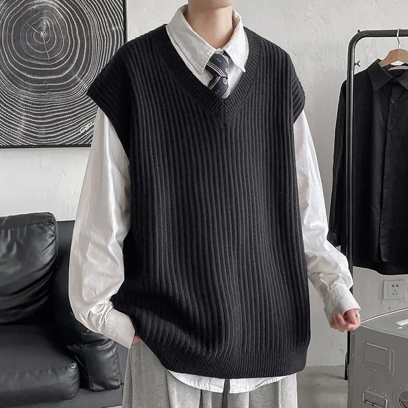 HEARUJOY  -  Men's Knitted Sweater Spring Autumn Casual Vest Korean Fashion Solid Sleeveless Baggy Knit Bottoming Vest Male Clothes R106
