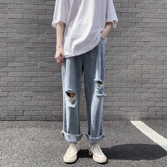 Hearujoy Spring and Summer New Men's Torn Jeans Street Hip-hop Loose Wide Leg Pants Thin Fur Pants Brand Men's Clothing Ripped