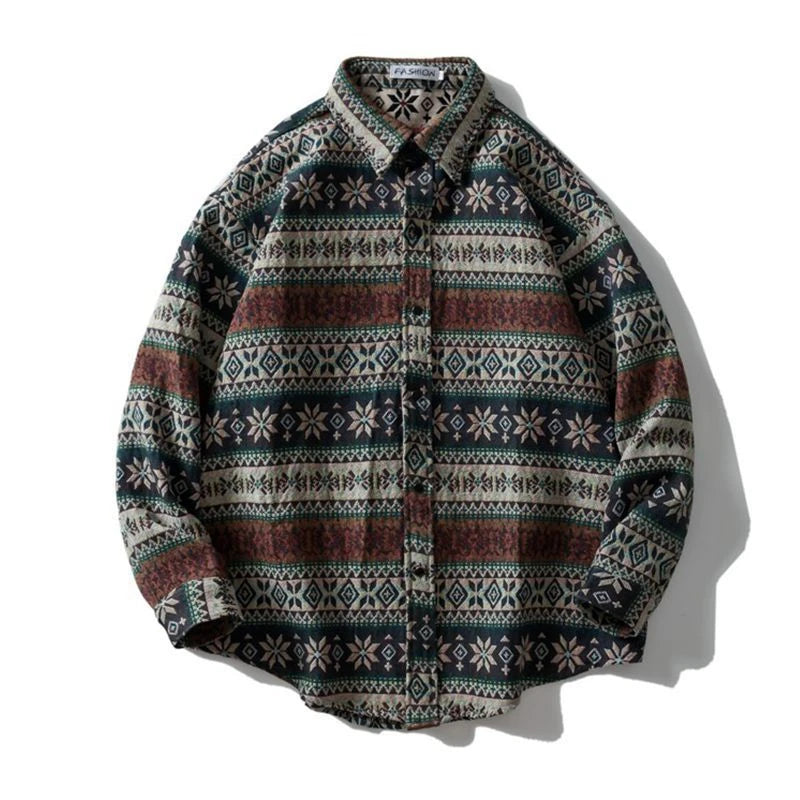 HEARUJOY  -  Cuban Colored Numb Ethnic Style Shirt Men Weaving and Embroidered Spring and Autumn Retro Hong Kong Style Shirt Jacket