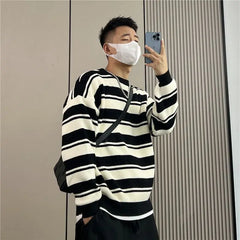 HEARUJOY  -  Retro Striped Men's Loose New Trendy Round Neck Sweater