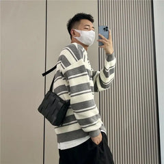 HEARUJOY  -  Retro Striped Men's Loose New Trendy Round Neck Sweater