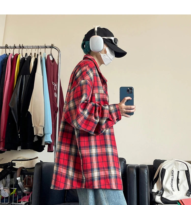 HEARUJOY  -  New in Spring Men's Shirts Classic Harajuku Long Sleeved Plaid Shirt Red Checkered Shirt Chemise Homme Cotton Male Check Shirts