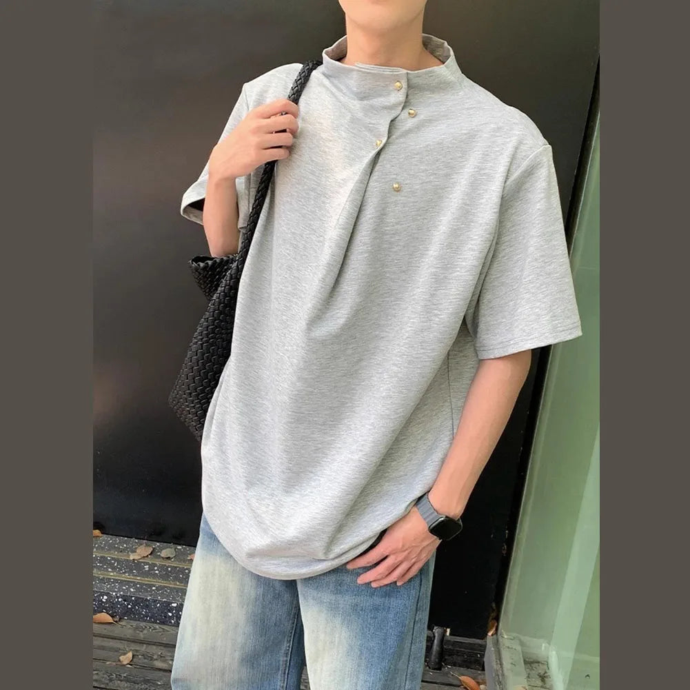 HEARUJOY  -  Men Korean Stand Collar Retro Casual Tee Tops Short Sleeve Street Wear Men's Loose T-Shirt Breathable