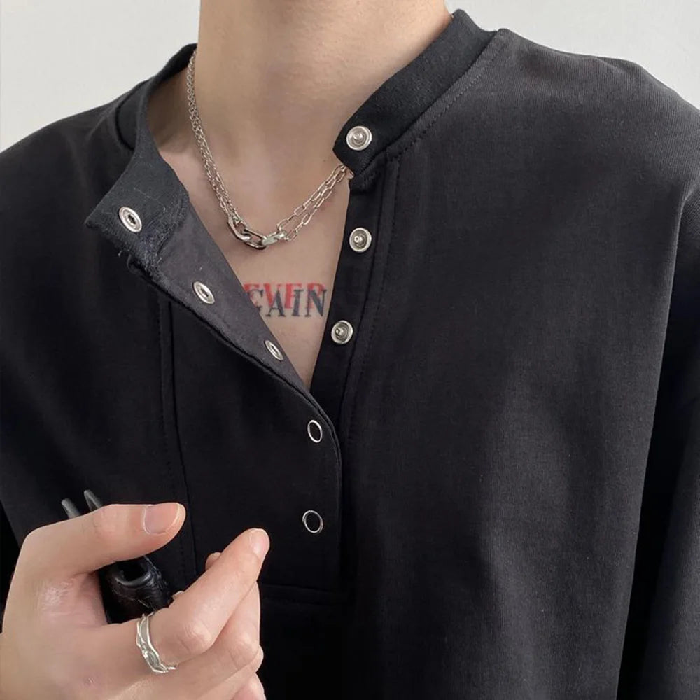 HEARUJOY  -  Mens T-Shirt Side Placket Casual T-Shirt Autumn Streetwear Personality Niche Versatile Long-Sleeved Top Men'S Clothing