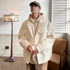 Hearujoy Winter Thicken Woolen Coat Men Warm Fashion Casual Thick Woolen Jacket Men Korean Loose Short Woolen Coat Mens Overcoat M-3XL