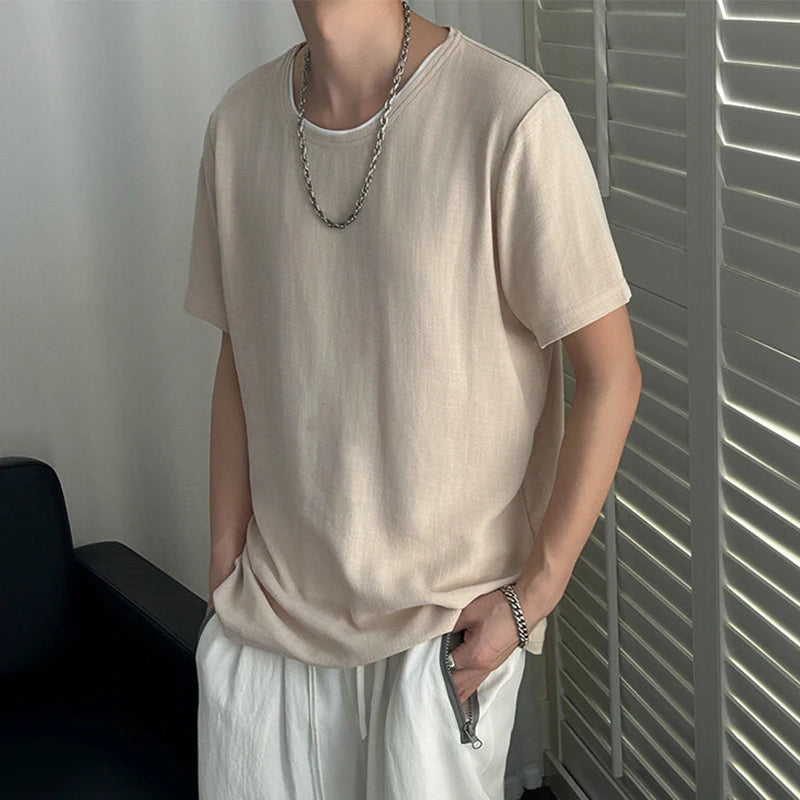 HEARUJOY  -  Korean Style Men's T-shirts Round Collar Short Sleeved Solid Color Mensweae New Summer Pullover Loose Male Tees