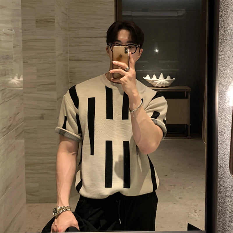 Hearujoy Summer Men's Clothing Luxury O Neck Knitted T Shirt Retro Geometric Short-sleeved Korean Popular Knitwear Leisure Basic Shirt