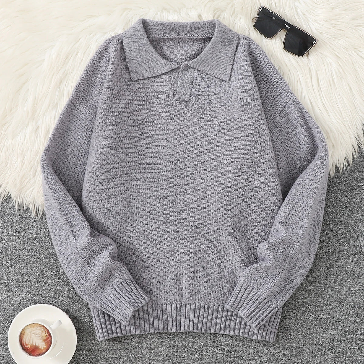 HEARUJOY  -  New Popular Autumn and Winter Pure Color Polo Collar V-Neck Pullover Sweater Casual Round Neck High-End Textured Knitted Men's Pullover