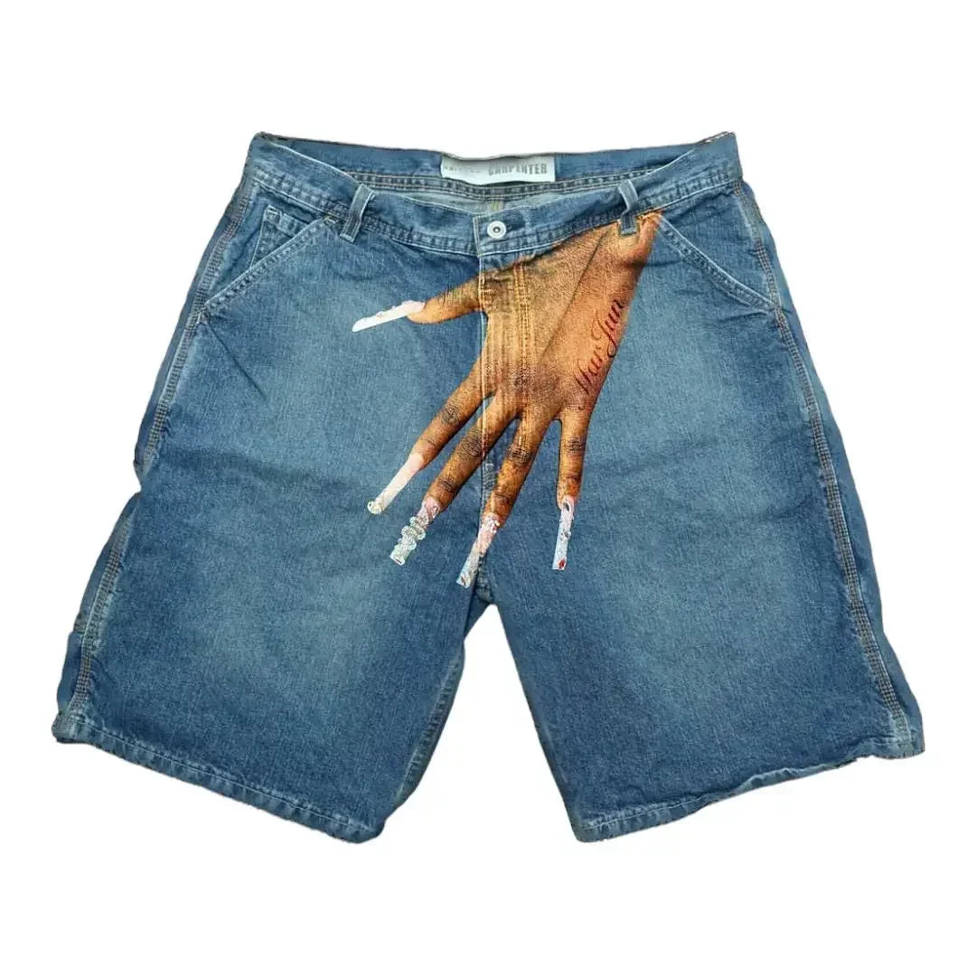 Hearujoy Harajuku Y2K Gothic Sweatpants Pants Mens Palm Print Graphic Streetwear Retro Blue Baggy Denim Gym Shorts Shorts Men Clothing