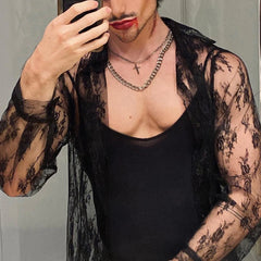 HEARUJOY  -  Mens esh Tops See Through Long Sleeve Floral Clubwear Party Tee Blouse Polyester Black Fit M~2XL Casual Button Down Shirts