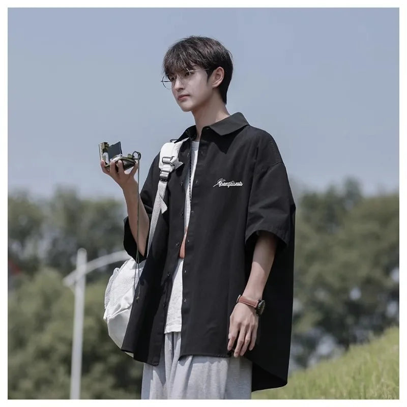 HEARUJOY  -  Retro Japanese Men's Casual Short Sleeve Shirt Spring Summer Loose Fit Versatile Youth Button Loose Half Sleeve Blouse Shirts