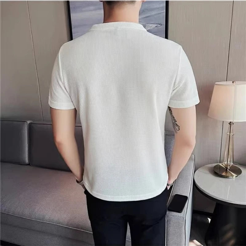 HEARUJOY  -  Men's Waffle Knit T-Shirt Short Sleeve - Premium Breathable Ice Silk Slim Fit Tee, Lightweight Casual Top, Coffee