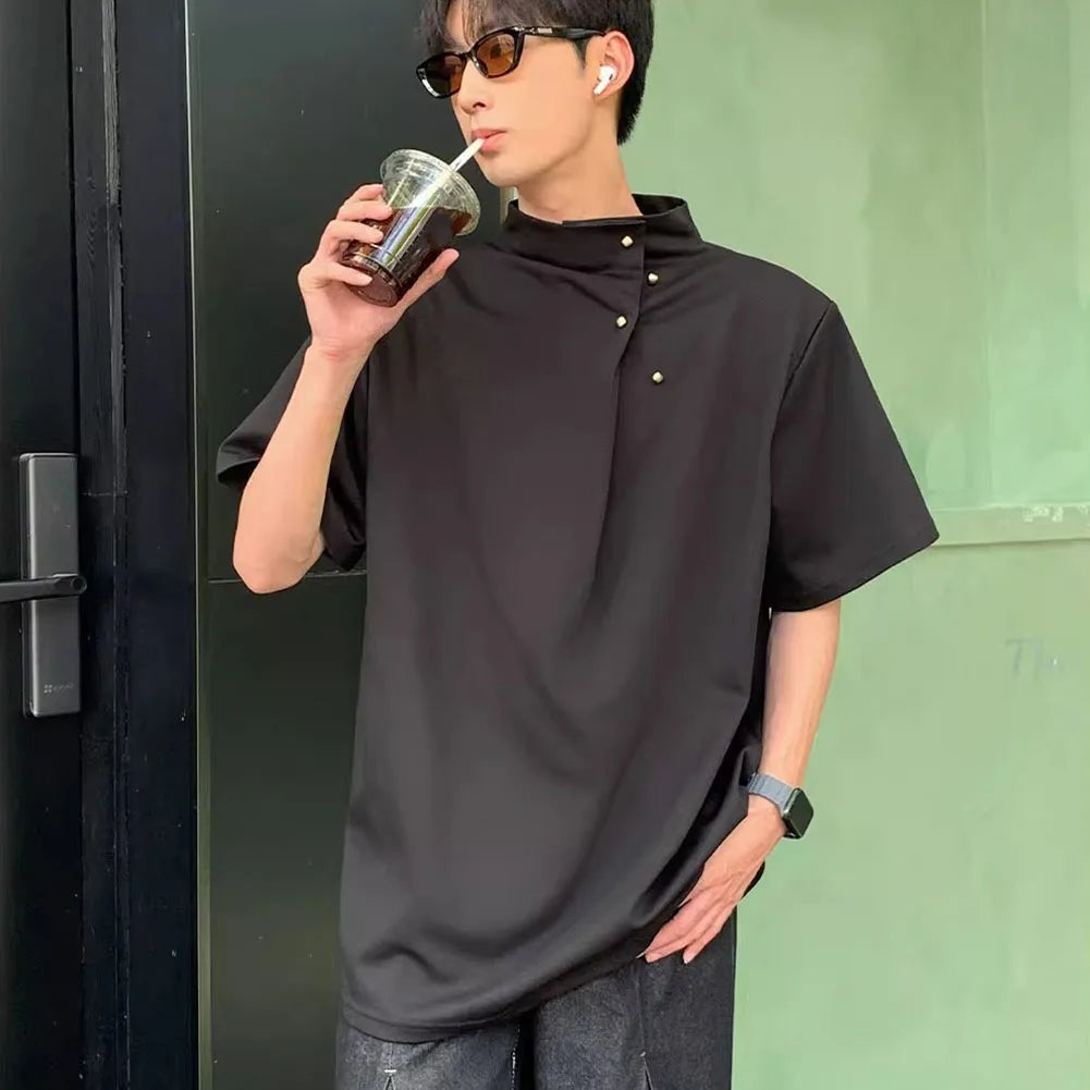 HEARUJOY  -  Men Korean Stand Collar Retro Casual Tee Tops Short Sleeve Street Wear Men's Loose T-Shirt Breathable