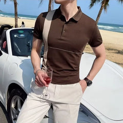 HEARUJOY  -  Male Polo Shirts White Striped Skinny Black Print Elastic Loose Xl Short Quarter Sleeve Fashion Stylish Mens with Collar T-shirt