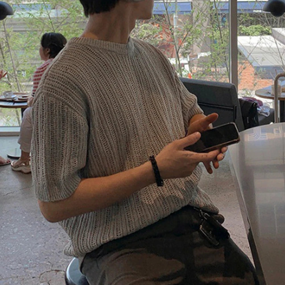 HEARUJOY  -  Fashion Knitted T-shirt For Men Top Tshirt Loose Fit Knitted Top Regular Length Garment Slight Stretch Material