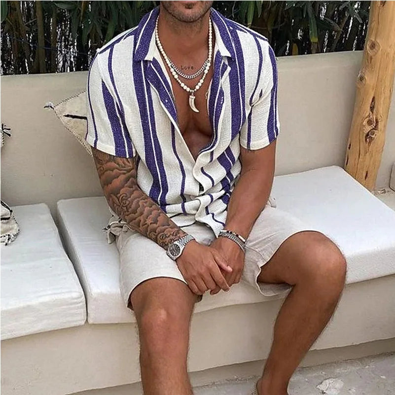 HEARUJOY  -  New Men's Slub Cotton Shirt Stripe Short Sleeve Collar Cardigan Summer Fashion Loose Oversize Shirts Top Streetwear Male