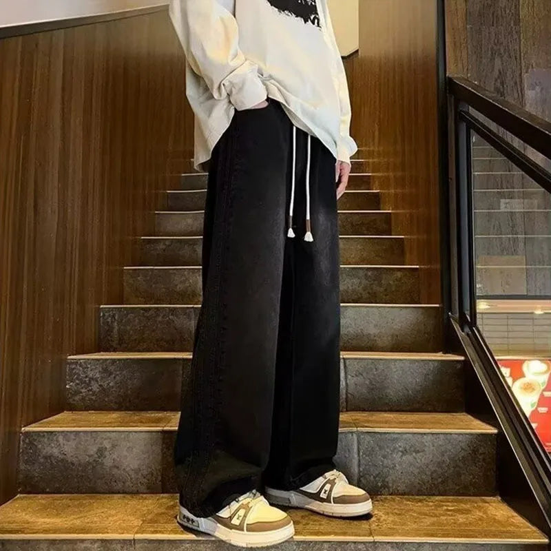 HEARUJOY  -  Spring And Summer New Straight Leg Pants Side Stripes Classic Blue Casual Jeans Men Korea Designer Clothes Baggy Jeans Man