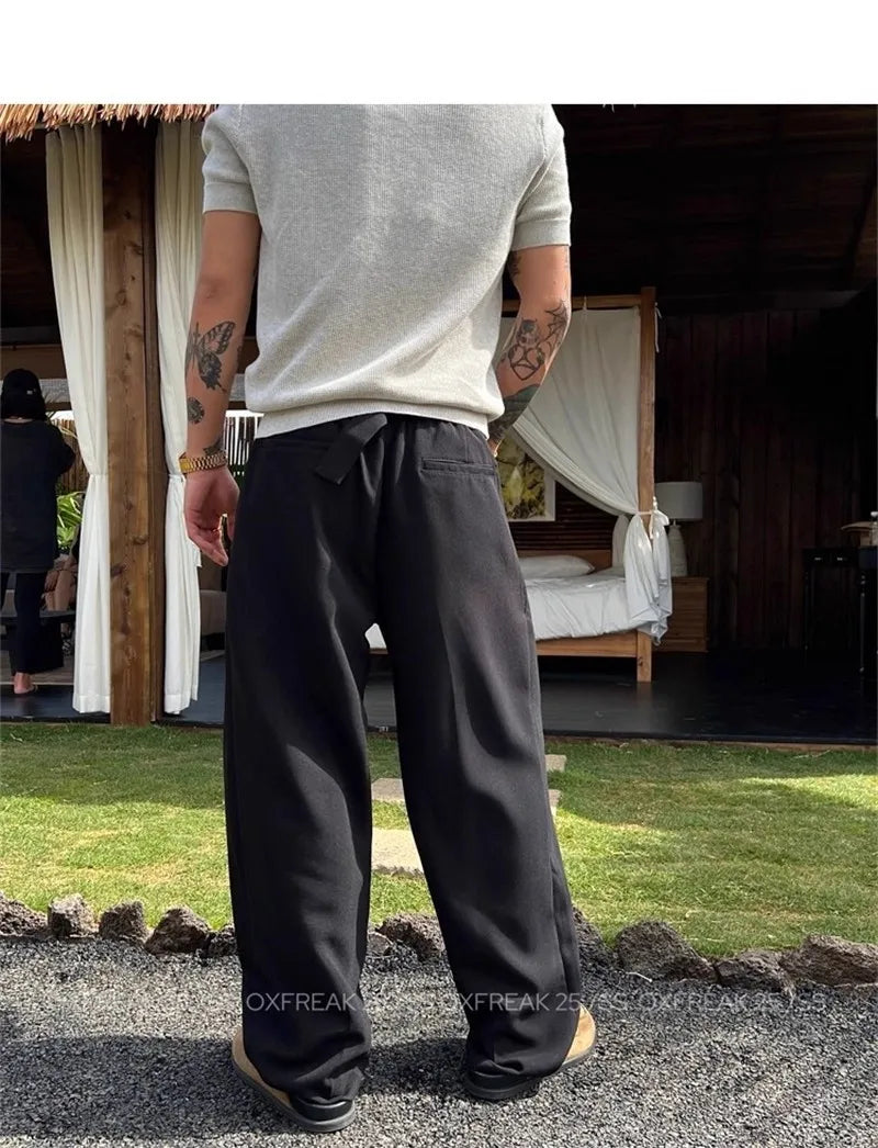 HEARUJOY  -  New Retro Fashion Men Suit Pants Light Luxury Draped Baggy Belt Button-down Solid Color Straight Trousers Elegant Dress Pants
